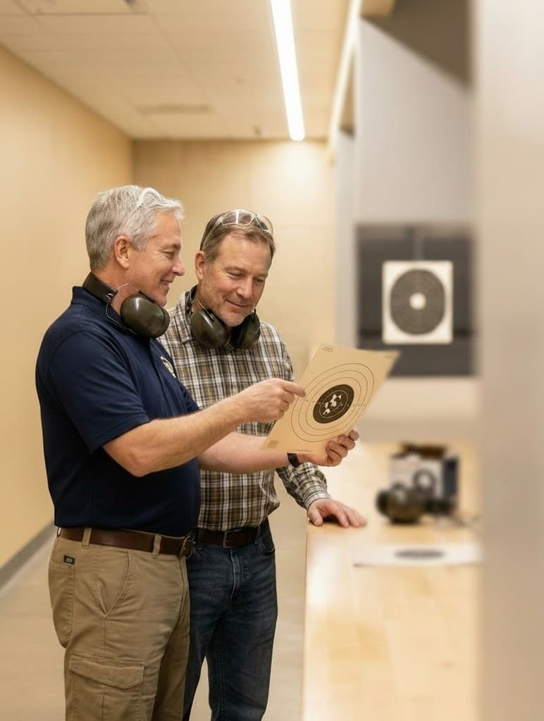 A certified instructor reviewing a scored qualification target with a first-time applicant.